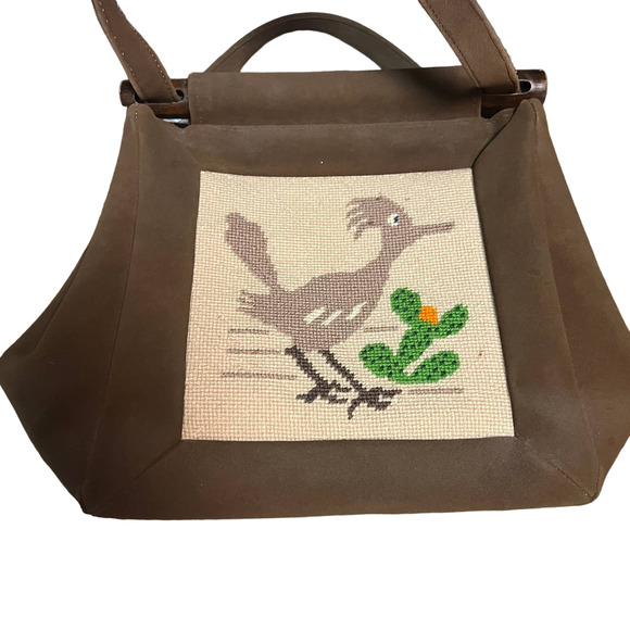 Vintage Road Runner Purse Tote Bag Embroidered Dessert Cottage Core Wooden - Picture 2 of 12